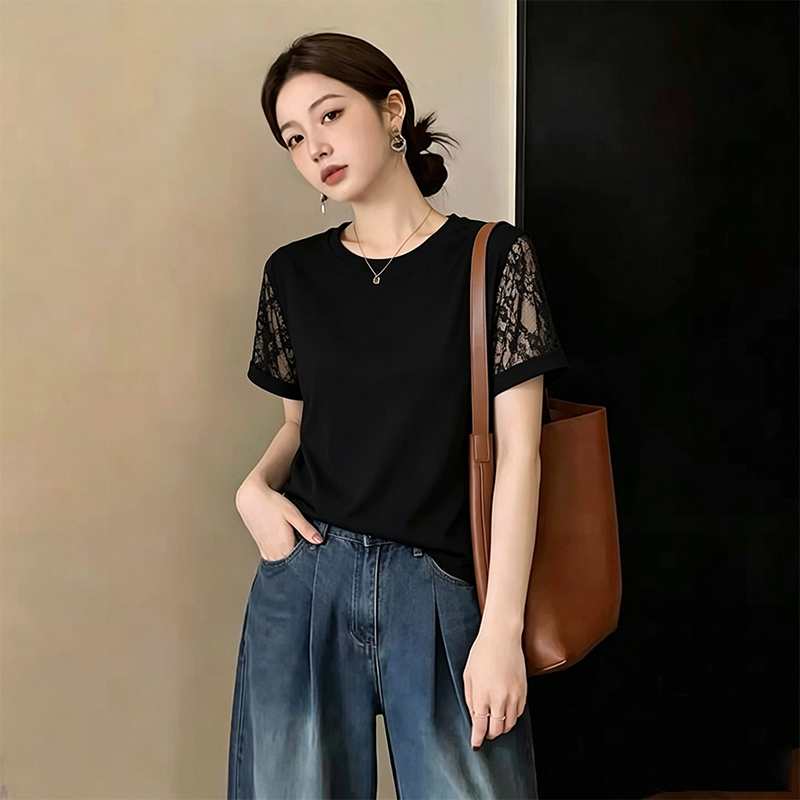 纯棉蕾丝短袖t恤女夏装新款宽松胖MM百搭网纱高级感休闲小众上衣