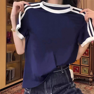 洋气减龄拼色百搭休闲打底衫 纯棉短袖 宽松大码 t恤女夏季 上衣 新款