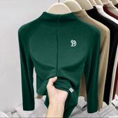 半高领打底衫 双面德绒墨绿色t恤女长袖 秋冬2024新款 内搭宽松上衣