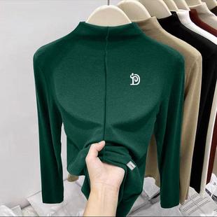 内搭宽松上衣 半高领打底衫 双面德绒墨绿色t恤女长袖 秋冬2024新款