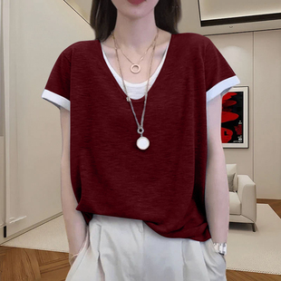 胖mm宽松别致上衣 大码 纯棉设计感正肩假两件短袖 T恤女士夏季 新款