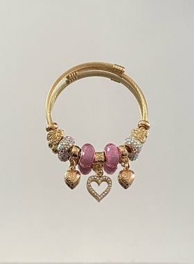 潘家多拉不锈钢手链镶钻水晶手环爱心吊坠开口可调节闺蜜同款手镯