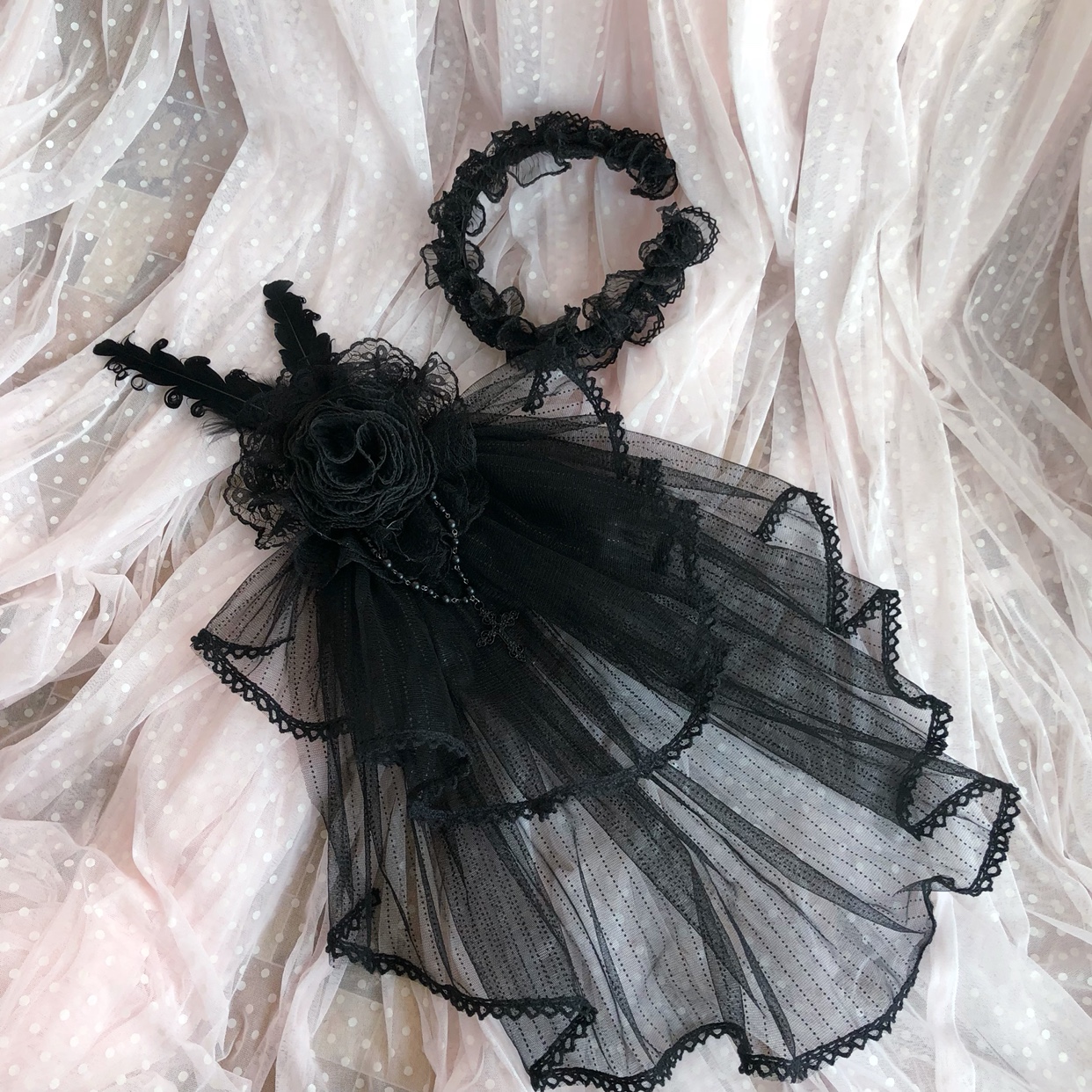 thumbnail for Original dark Lolita headband Hanamaru Lolita black gauze hair accessories headdress warm young handmade