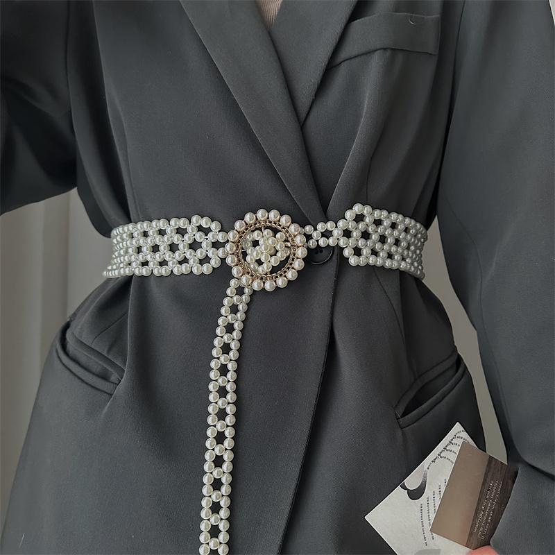 优雅装饰毛衣珍珠腰带女士时尚腰链连衣裙收腰设计感腰封外搭链条
