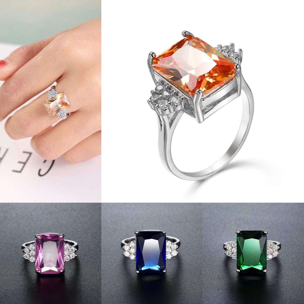 彩宝戒指女香槟锆石饰品欧美创意时尚女式手饰方块首饰日常时尚款