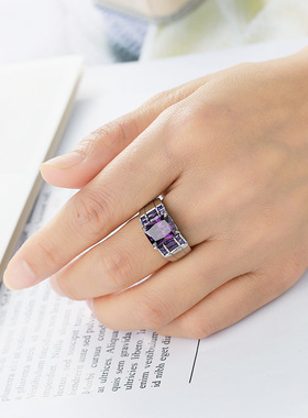 欧美轻奢设计感气质简约指环手饰时尚方形紫色锆石戒指女婚庆饰品