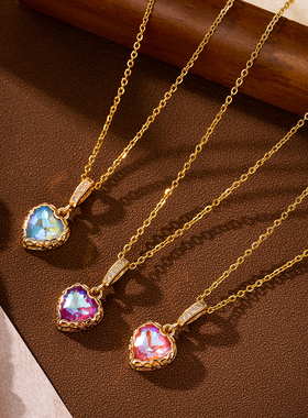时尚百搭简约心形项链女精致高级感锁骨链炫彩气质海洋之心甜妹风