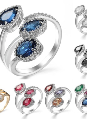 轻奢宝蓝水滴锆石开口铜戒指女