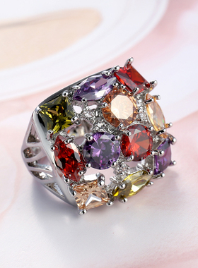 欧美彩色锆石戒指女精致小众设计