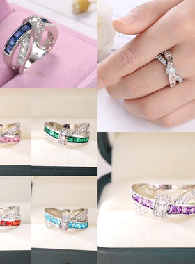 时尚款彩色锆石首饰戒指女交叉形状饰品手饰时尚设计感日常指环