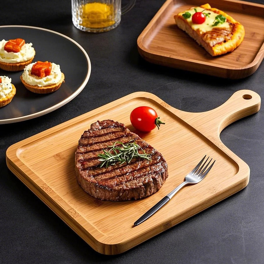 竹制牛扒板西餐面包板牛排托盘板面包比萨饼板方形竹制披萨板