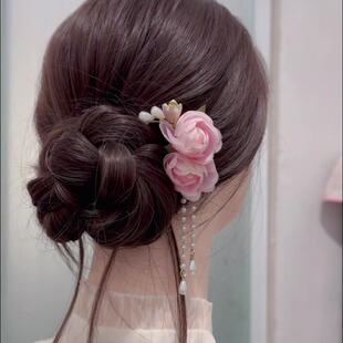 丸子头国风蔷薇花朵U型簪子汉服旗袍新中式玫瑰头花发簪盘发头饰