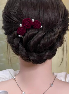 2026新中式红色玫瑰花发簪盘发插梳四齿发梳中国风优新娘旗袍发钗