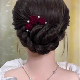 2026新中式红色玫瑰花发簪盘发插梳四齿发梳中国风优新娘旗袍发钗