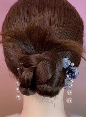夏款国风蓝色四齿珠珠玫瑰花新中式盘发簪子后脑勺盘发器发饰头饰