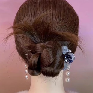 夏款 盘发簪子后脑勺盘发器发饰头饰 国风蓝色四齿珠珠玫瑰花新中式