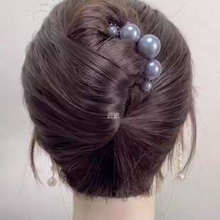 2025古风中式簪子珠珠发簪高级感黑灰色四齿梳发发钗丸子盘发头饰