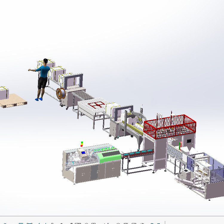 自动装盒开箱装箱折盖封箱井字打包捆扎整线包装方案图纸装盒机3d