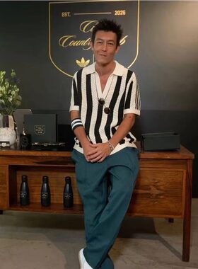 陈冠希同款V领镂空针织polo衫男痞帅短袖宽松高级感条纹半袖T恤夏