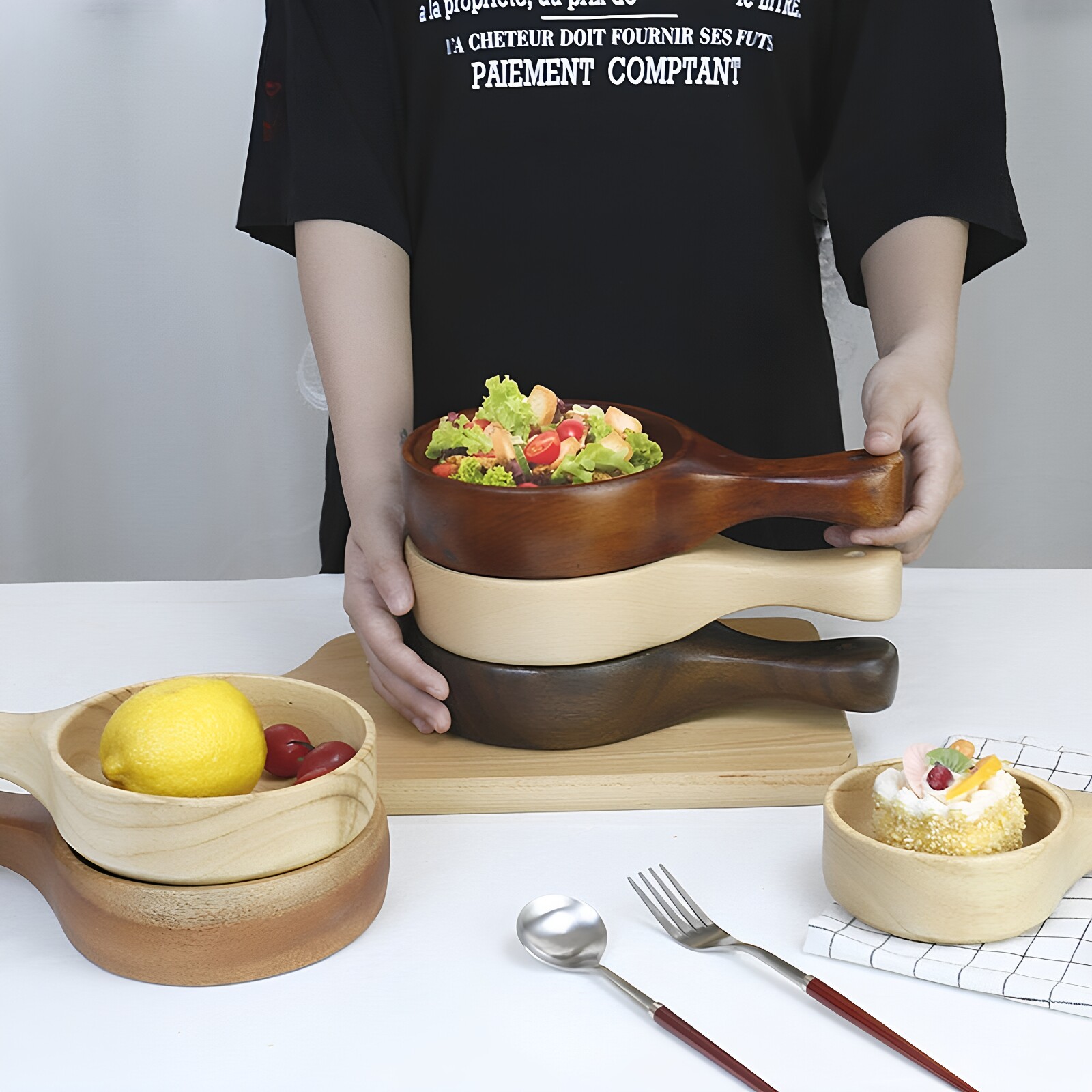 木质餐具木碗长柄日式手柄碗手工