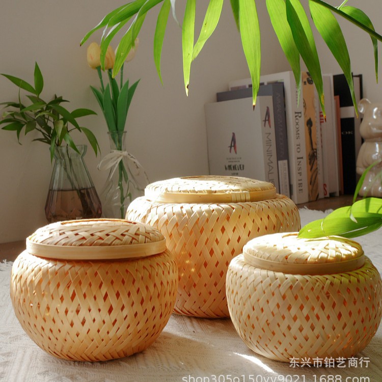 手工竹编制品双层炭篓收纳盒