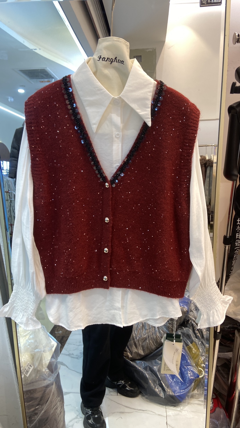 欧货秋冬新款V领针织马甲+衬衫两件套女百搭时尚闪亮烫钻上衣女潮