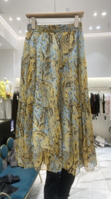 韩系波西米亚风印花半身裙女松紧高腰A字大摆长裙度假风百褶裙潮