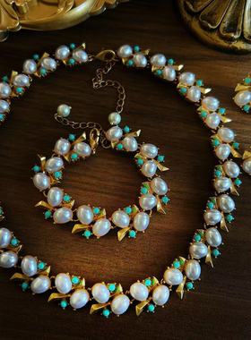 中古vintage感珍珠耳钉 古董杂志时尚气质珍珠项链手链套装