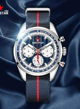 红星redstar3眼蓝色ST19手动机械计时码表复古商务24小时指示男表