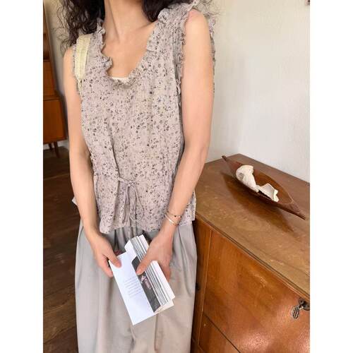 野梨树下 纯亚麻花边抽绳系带清凉小背心上衣