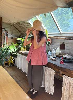 野梨树下 梅子粉汉麻抽褶无袖背心上衣娃娃衫凉快罩衫