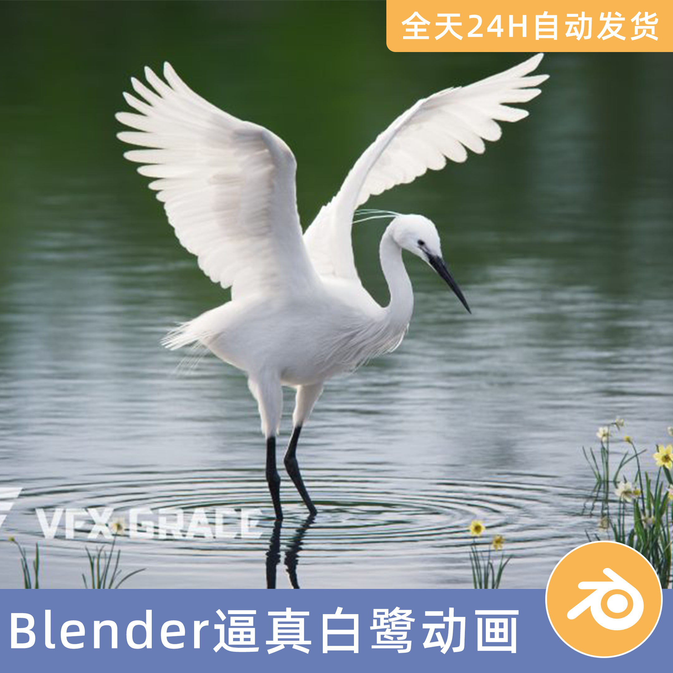Blender素材模型资源资产逼真白鹭动画3D动物带绑定4K纹理鹭科