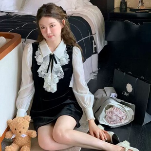 法式千金风蕾丝拼接丝绒连衣裙女收腰显瘦A字裙高级感女士蝴蝶结