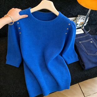 超好看爆款 胖MM复古chic洋气圆领半袖 新款 女夏季 显瘦上衣 针织衫