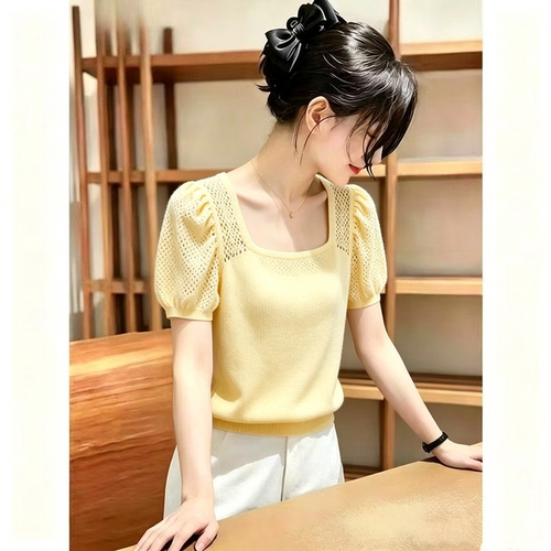 胖MM复古chic洋气方领短袖针织衫女夏季新款超好看爆款显瘦上衣
