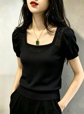 胖MM复古chic洋气方领短袖针织衫女夏季新款超好看镂空显瘦上衣