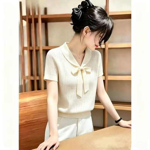 胖MM复古洋气高级蝴蝶结短袖针织衫女夏季新款超好看显瘦上衣