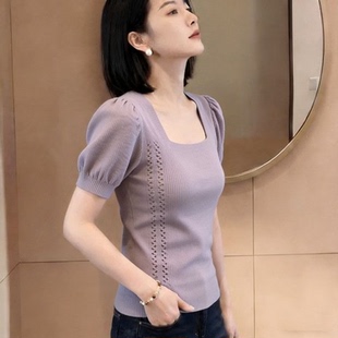 胖MM复古chic洋气方领短袖针织衫女夏季新款超好看镂空显瘦上衣