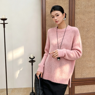 胖MM中长款宽松圆领长袖针织衫女秋冬慵懒风毛衣高级感套头打底衫