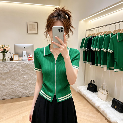 胖MM复古洋气高级POLO领修身短袖针织拉链开衫女夏季新款显瘦上衣