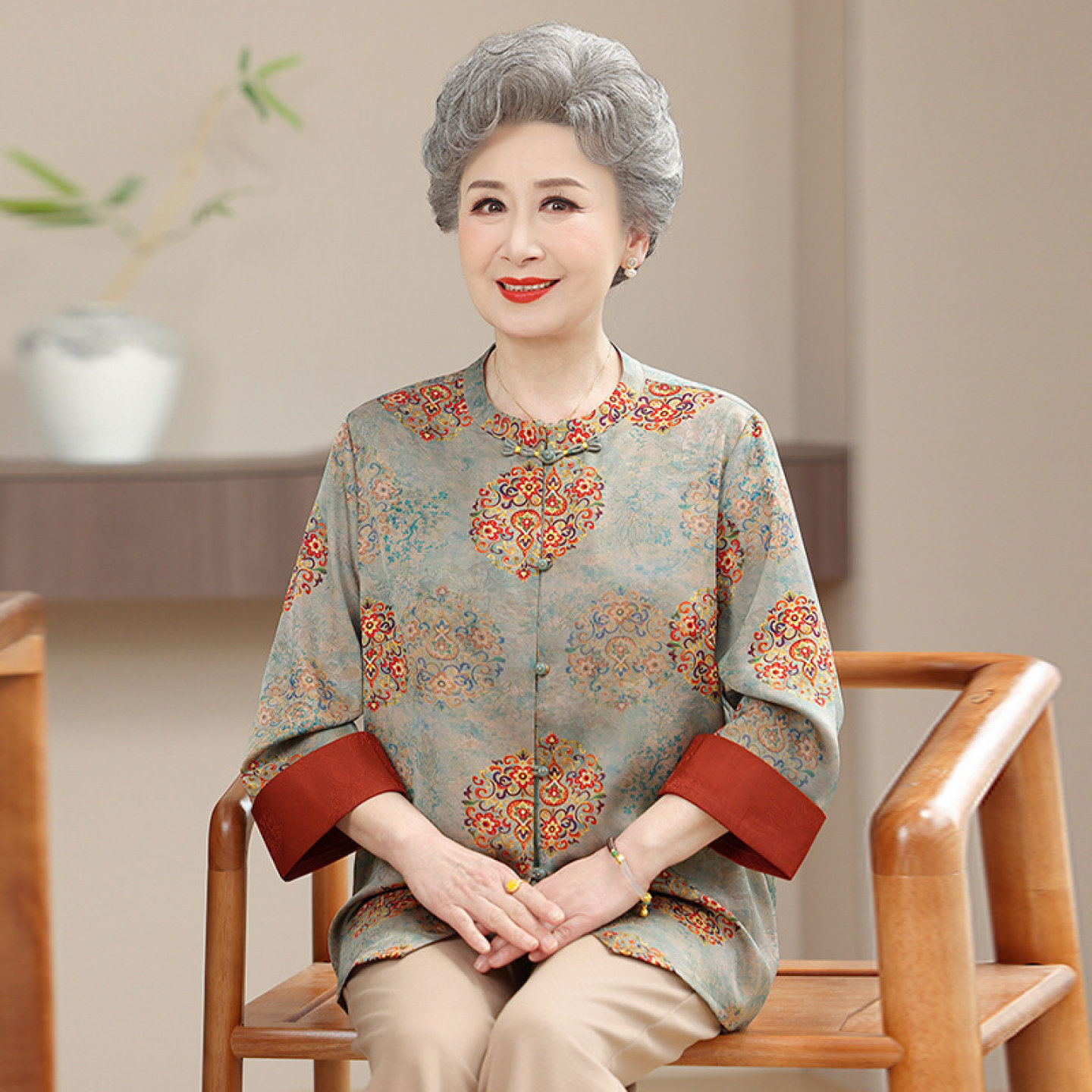 【桑蚕丝100%】冰凉真丝套装中老年人奶奶夏装衬衫女开衫妈妈上衣