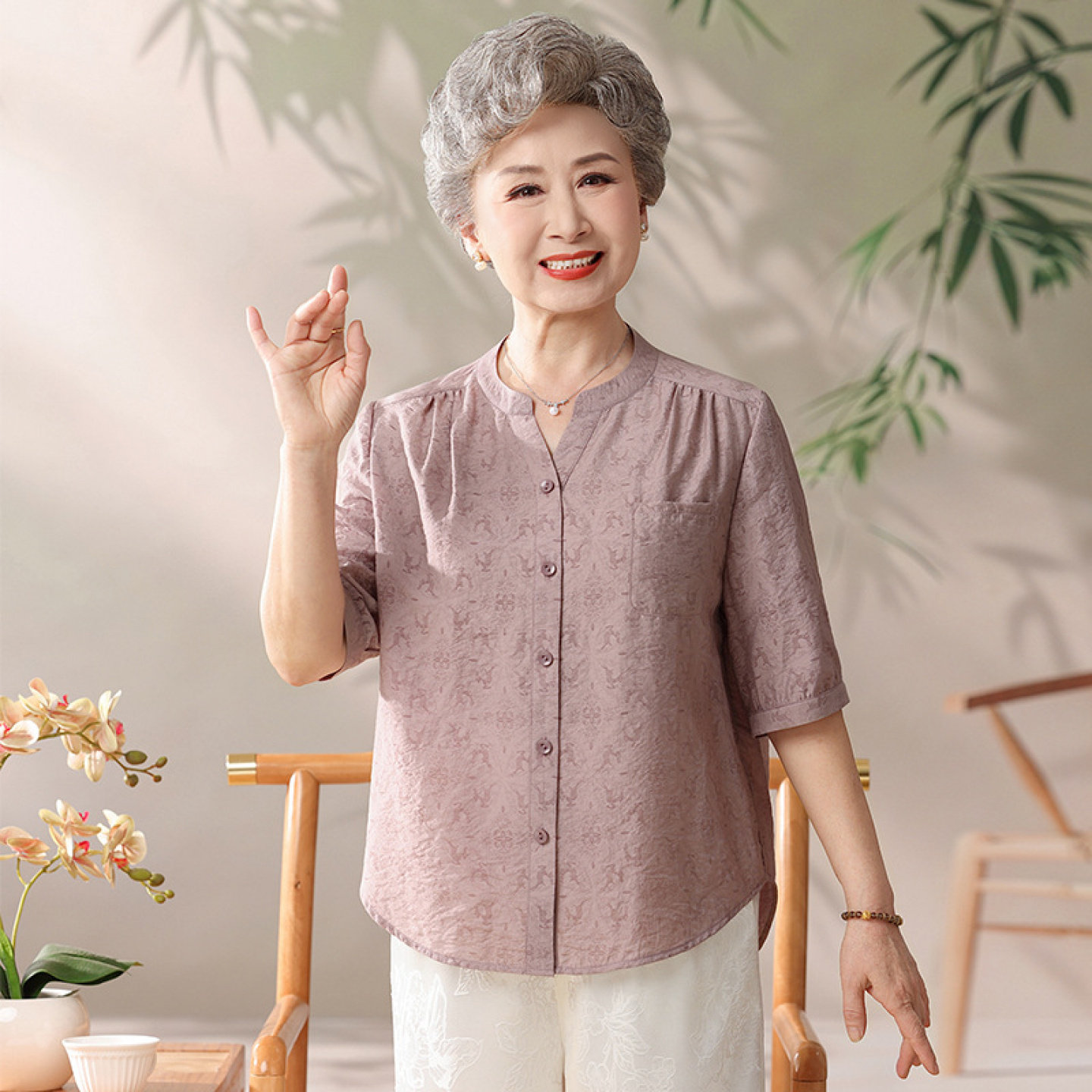 【100%凉感桑蚕丝】上衣开衫妈妈真丝中老年人奶奶夏装衬衫女套装