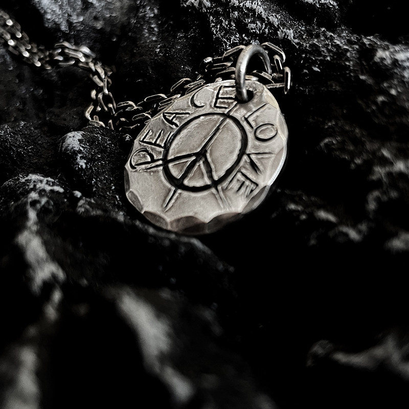 Peace Love和平与爱纯手工纯银银饼项链吊坠挂坠做旧男女款日系潮