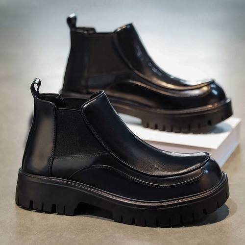 切尔西靴男冬季加绒英伦中帮一脚蹬烟筒靴厚底增高马丁靴高帮皮鞋