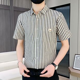 夏季 男士 薄款 百搭潮流男韩版 速干条纹休闲衬衣男上衣 短袖 时尚 衬衫