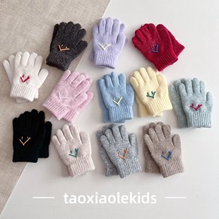 ins糖果色笑脸针织儿童手套 男女童户外保暖五指学生写字手套