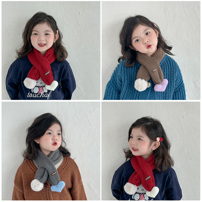 韩版时尚爱心毛球儿童围巾 秋冬男女宝宝保暖防寒交叉毛线围脖