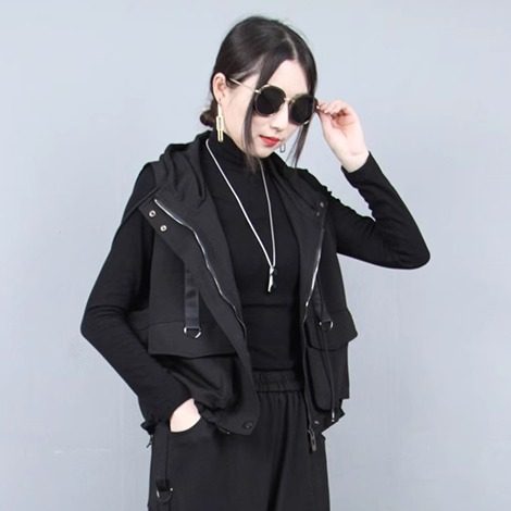 时尚立体口袋连帽工装风马甲女2026年春季新品宽松显瘦休闲黑马夹