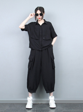 POLOU领立体口袋短款衬衫T恤七分灯笼裤套装女2025夏季休闲两件套