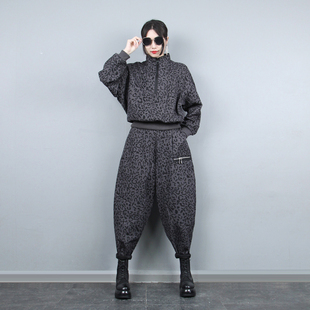 女宽松显瘦哈伦裤 灰色豹纹半拉链卫衣套装 休闲两件套 新品 2026春季